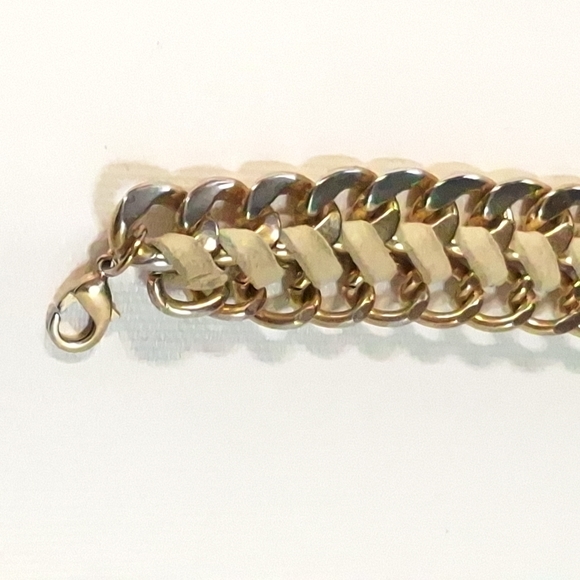 Gold Tone Chain Leather Crystal Rhinestone Chunky Necklace - Picture 8 of 9